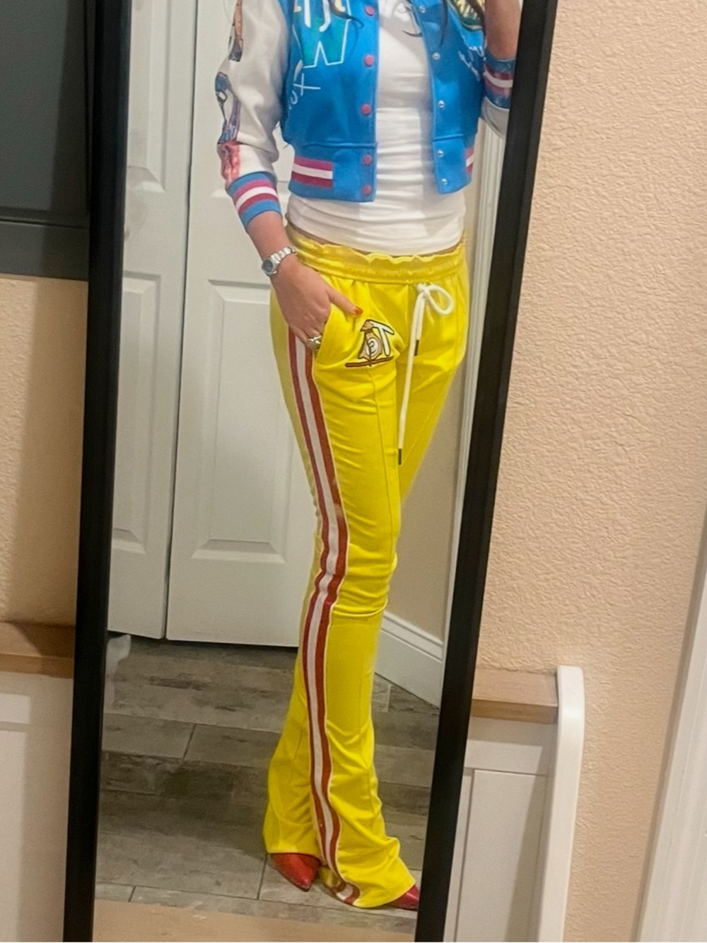 Women's Yellow Track Pants with Side Stripes and Drawstring